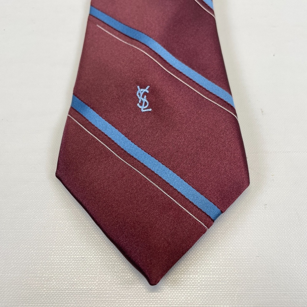 Yves Saint Laurent YSL Vintage Mens Neck Tie Maroon Blue Striped Silk Classic